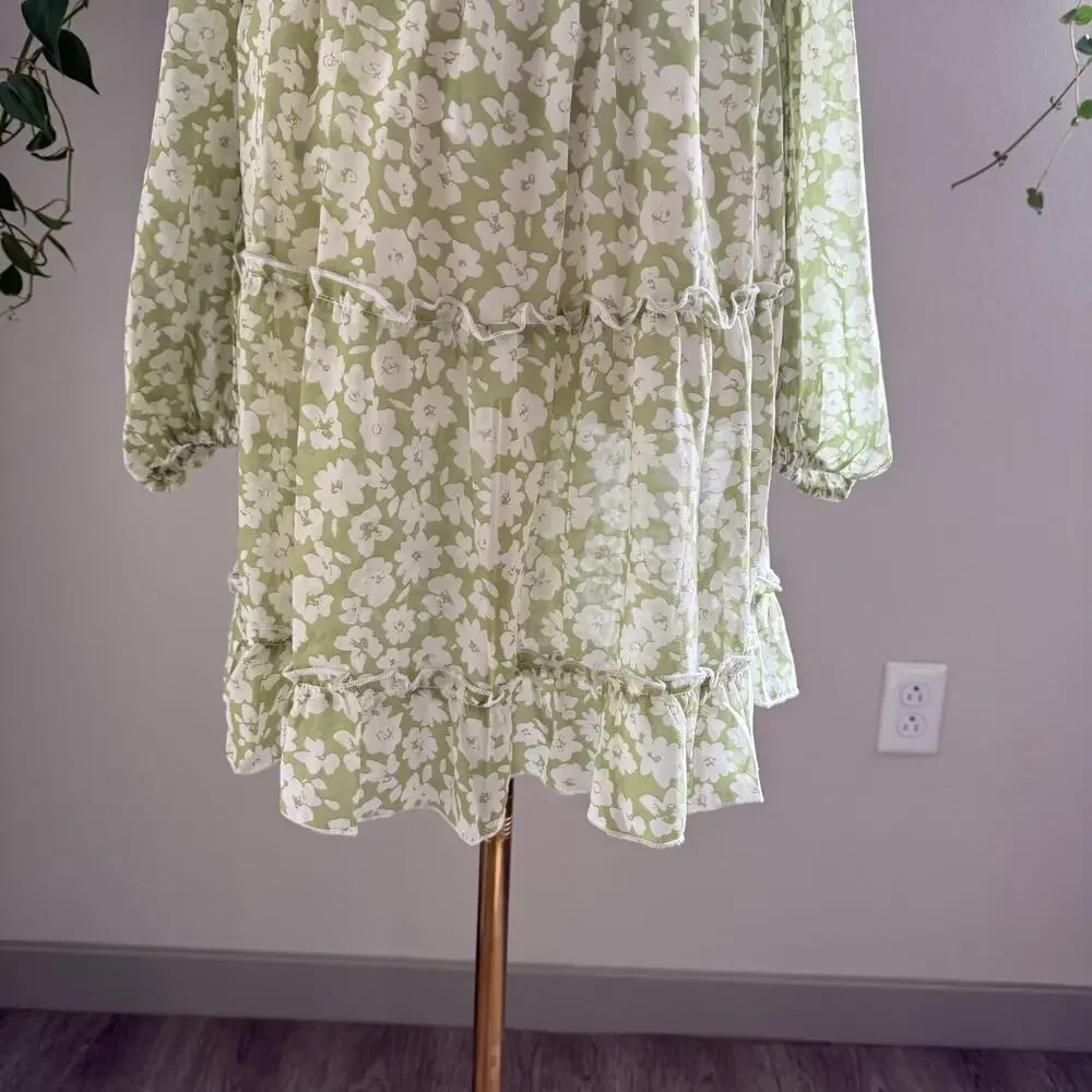 Lulus Green Floral Smocked Tiered Long Sleeve Mini Dress M Coquette Cottage